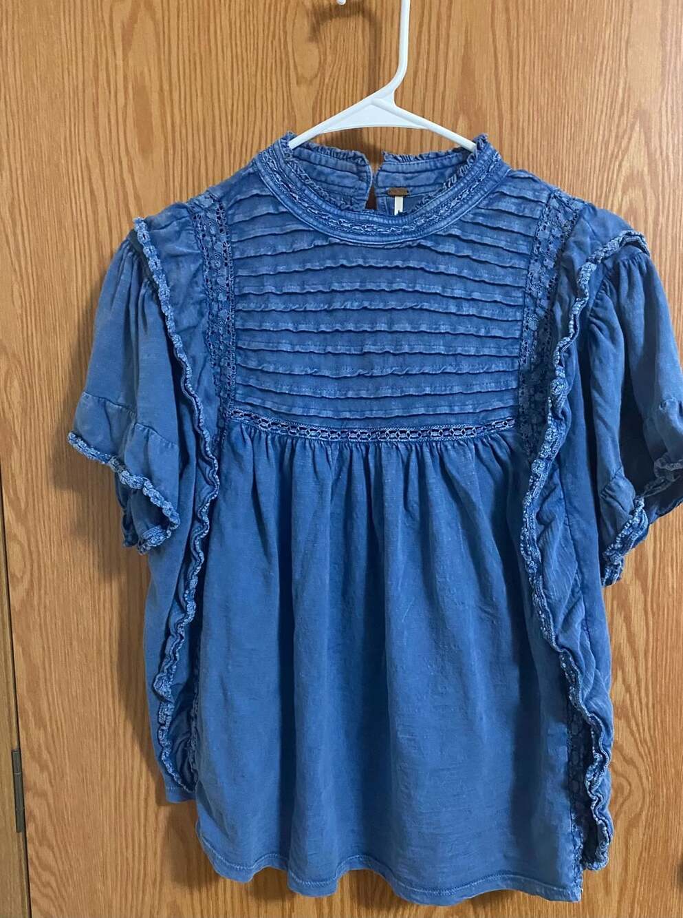 Free People Le Femme Top Blue Ruffle Mock Neck
